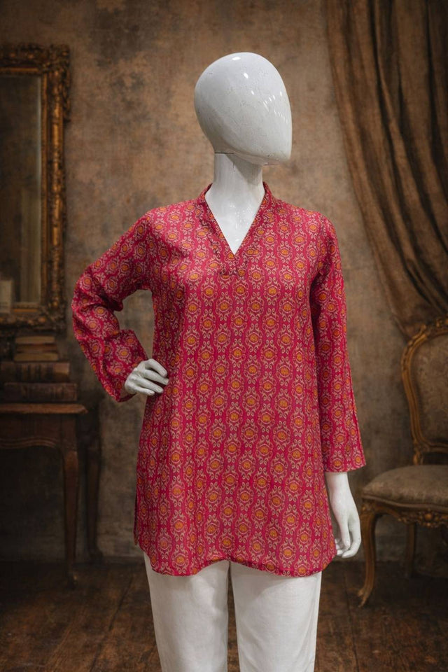 Pink Floral Printed Muslin Short Kurtis (ACA5579)