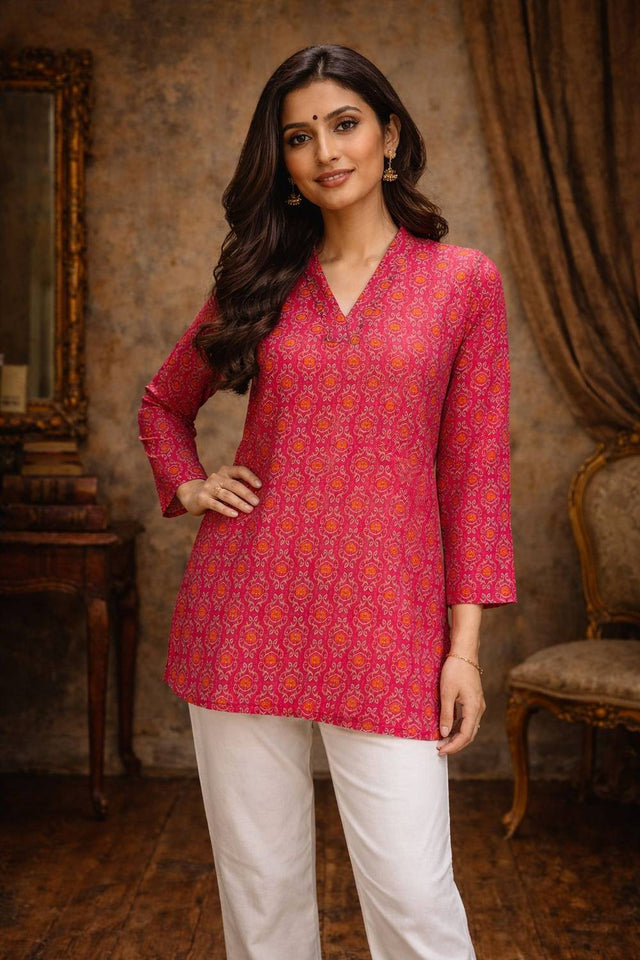 Pink Floral Printed Muslin Short Kurtis (ACA5579)