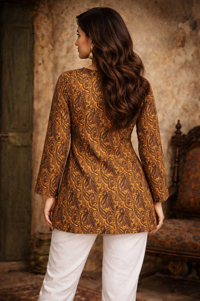 Orange Printed Muslin Short Kurtis (ACA5580)
