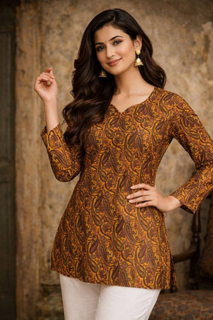 Orange Printed Muslin Short Kurtis (ACA5580)