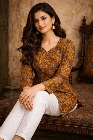 Orange Printed Muslin Short Kurtis (ACA5580)