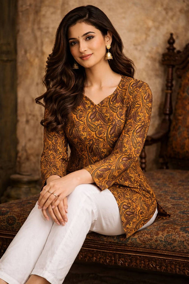 Orange Printed Muslin Short Kurtis (ACA5580)