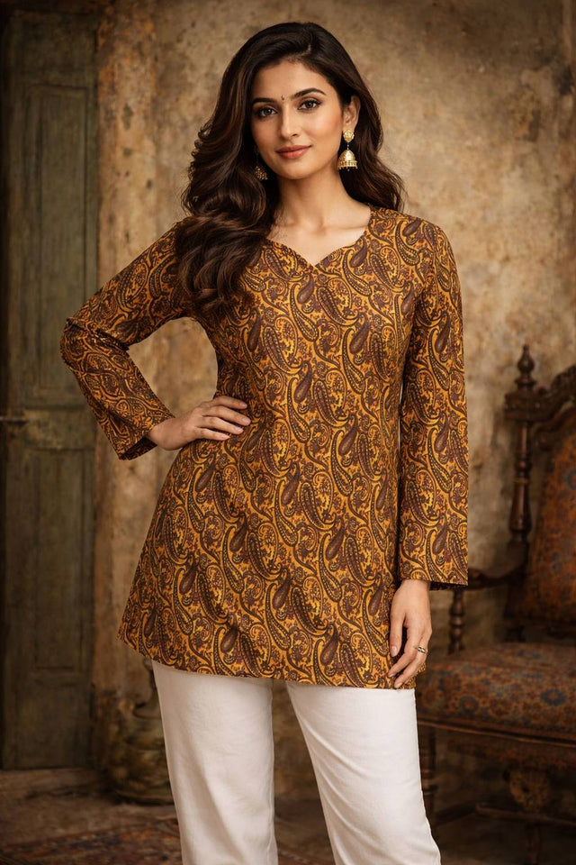 Orange Printed Muslin Short Kurtis (ACA5580)