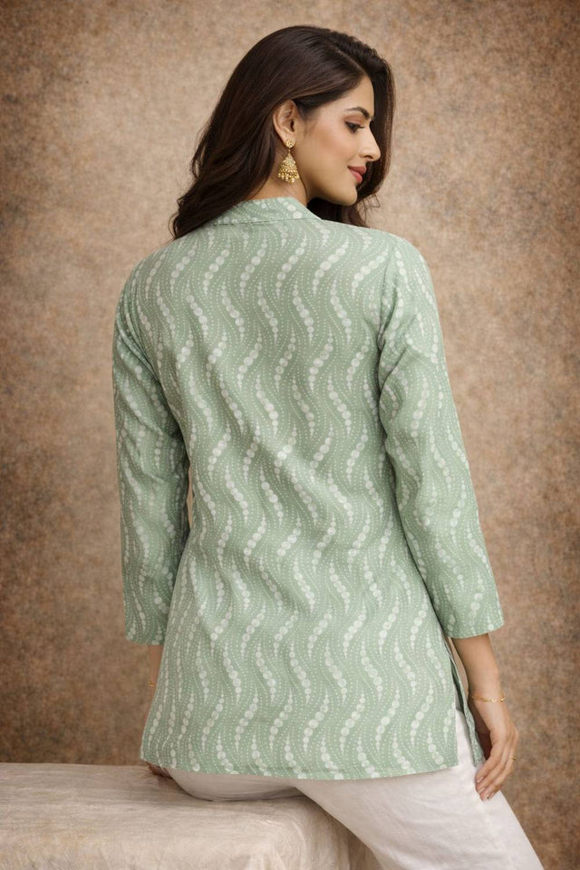 Green Printed Muslin Short Kurtis (ACA5581)