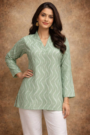 Green Printed Muslin Short Kurtis (ACA5581)