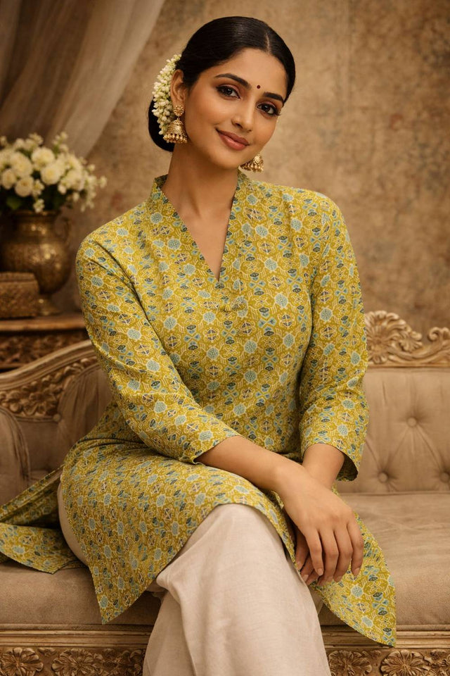Green Printed Muslin Short Kurtis (ACA5582)