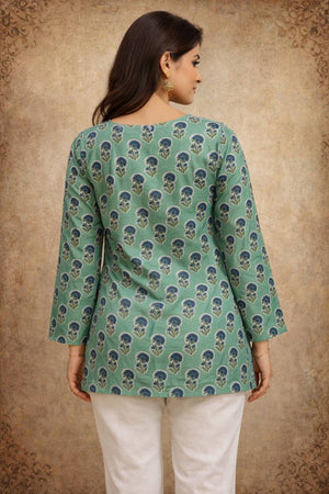 Green Printed Muslin Short Kurtis (ACA5583)