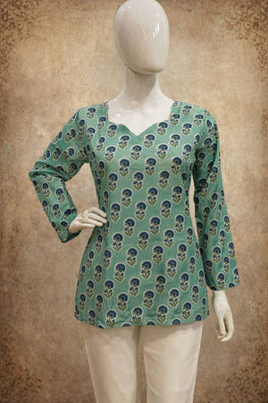 Green Printed Muslin Short Kurtis (ACA5583)