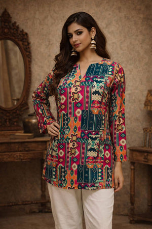 Multi Color Printed Muslin Short Kurtis (ACA5584)