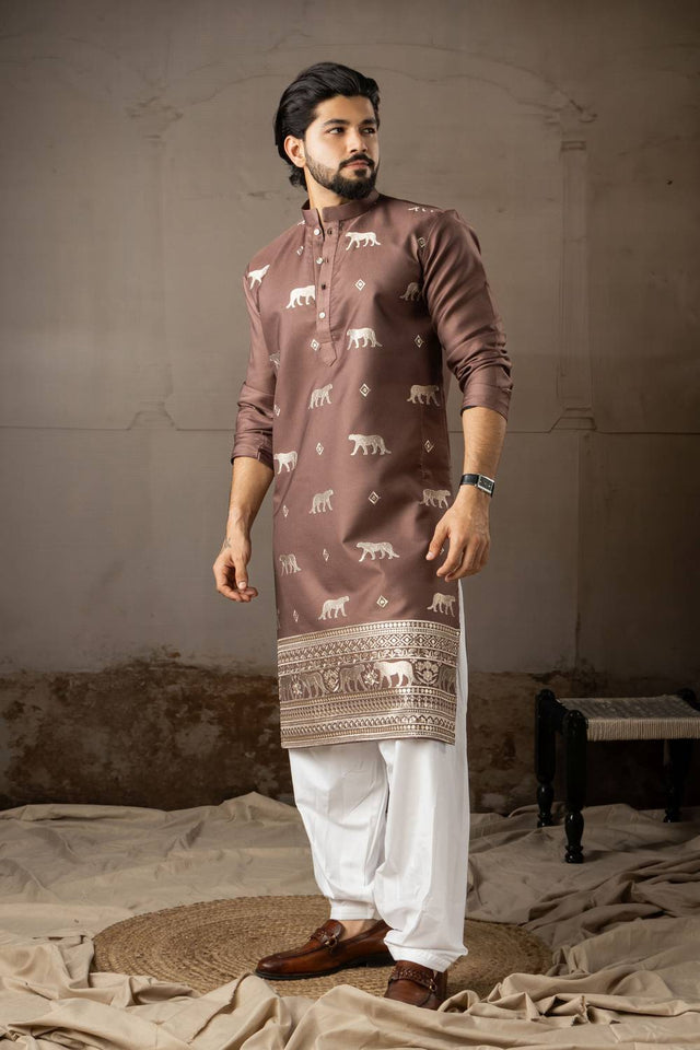 Mens Brown Embroidered Rayon Kurta Set (ACA5585)