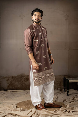 Mens Brown Embroidered Rayon Kurta Set (ACA5585)