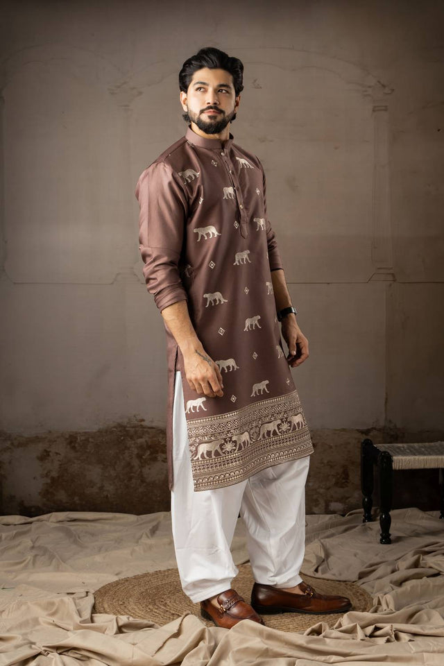 Mens Brown Embroidered Rayon Kurta Set (ACA5585)