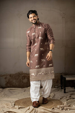 Mens Brown Embroidered Rayon Kurta Set (ACA5585)