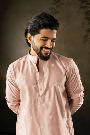 Mens Pink Embroidered Rayon Kurta Set (ACA5586)