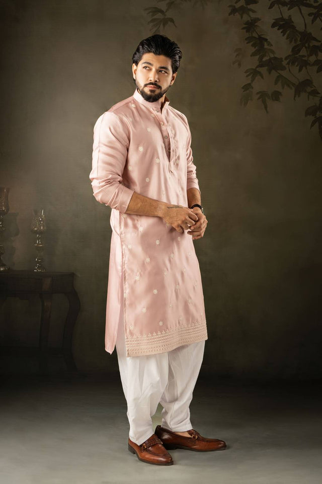 Mens Pink Embroidered Rayon Kurta Set (ACA5586)