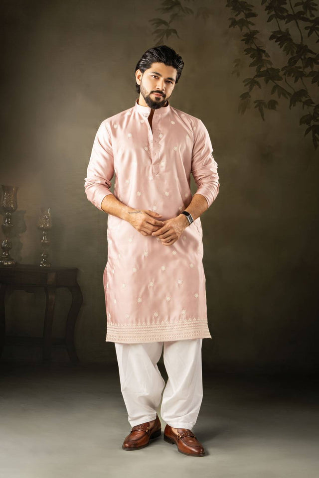 Mens Pink Embroidered Rayon Kurta Set (ACA5586)