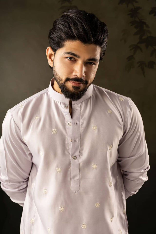 Mens Lavender Embroidered Rayon Kurta Set (ACA5587)