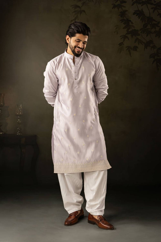 Mens Lavender Embroidered Rayon Kurta Set (ACA5587)
