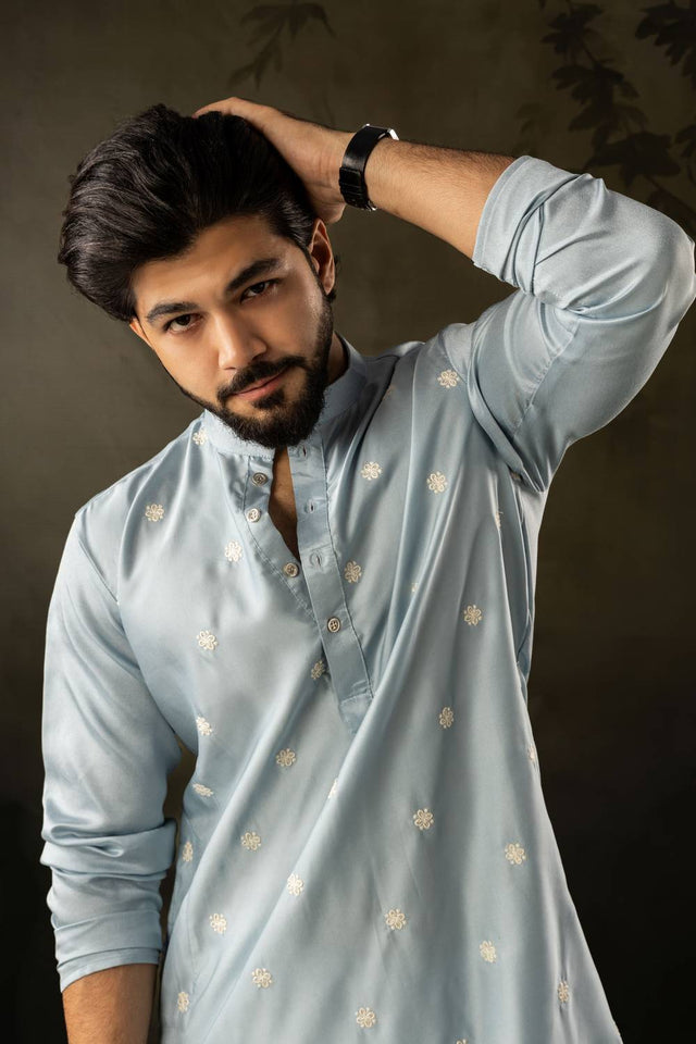 Mens Blue Embroidered Rayon Kurta Set (ACA5588)