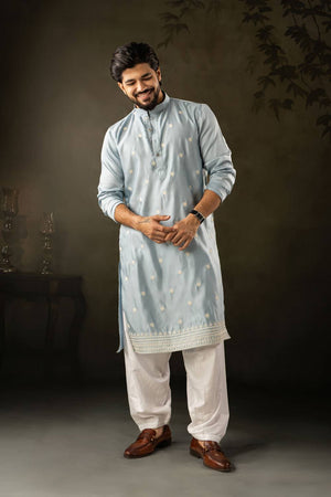 Mens Blue Embroidered Rayon Kurta Set (ACA5588)