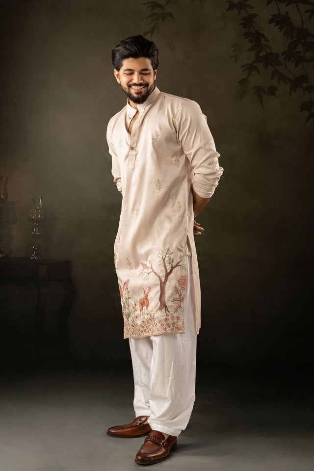 Mens Off-White Embroidered Rayon Kurta Set (ACA5590)