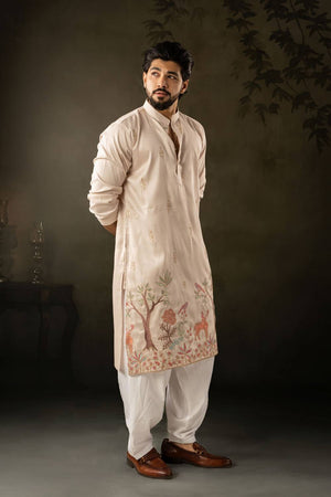 Mens Off-White Embroidered Rayon Kurta Set (ACA5590)