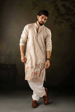 Mens Off-White Embroidered Rayon Kurta Set (ACA5590)