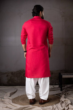 Mens Red Floral Embroidered Rayon Kurta Set (ACA5592)