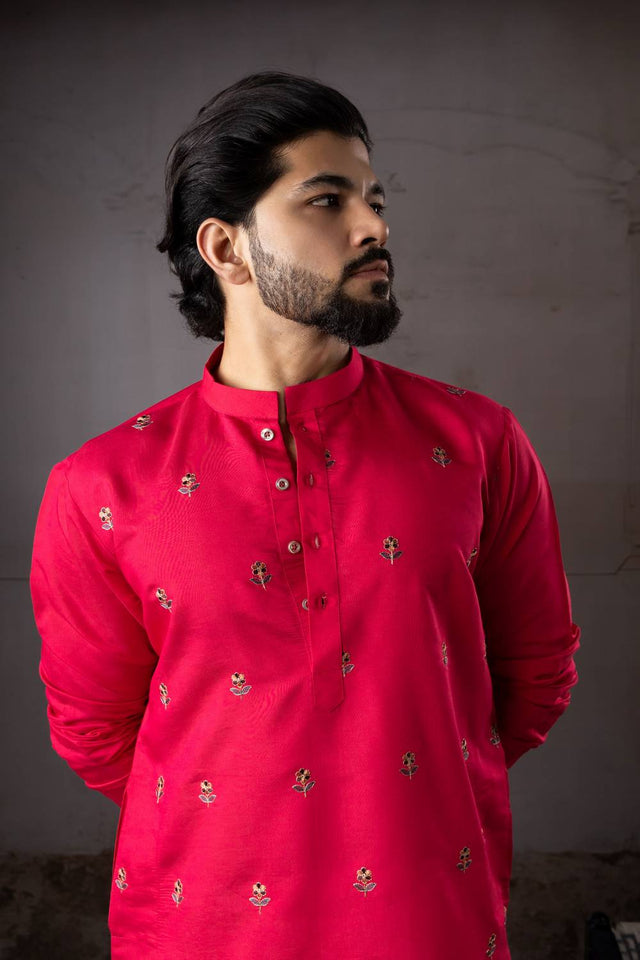 Mens Red Floral Embroidered Rayon Kurta Set (ACA5592)