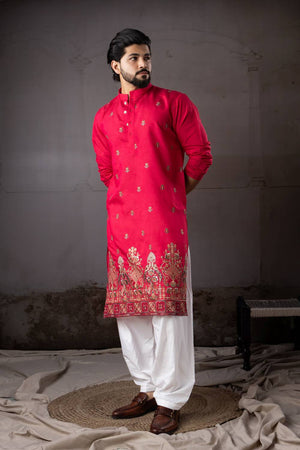Mens Red Floral Embroidered Rayon Kurta Set (ACA5592)