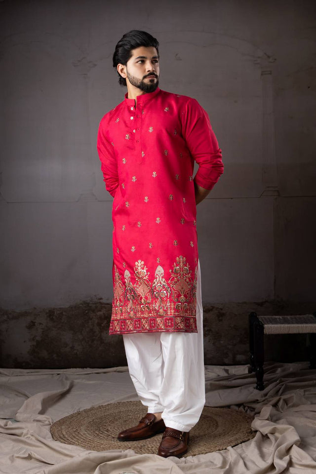 Mens Red Floral Embroidered Rayon Kurta Set (ACA5592)