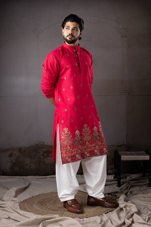 Mens Red Floral Embroidered Rayon Kurta Set (ACA5592)