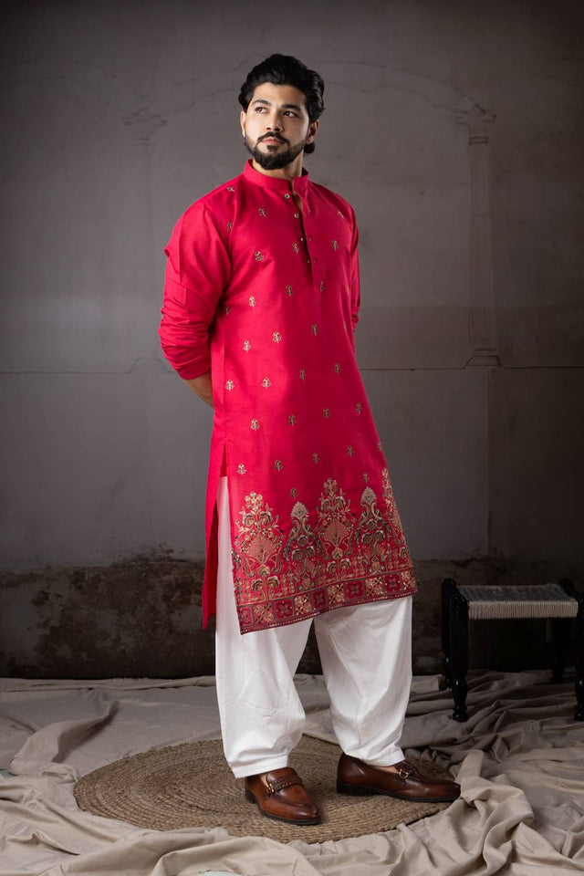 Mens Red Floral Embroidered Rayon Kurta Set (ACA5592)
