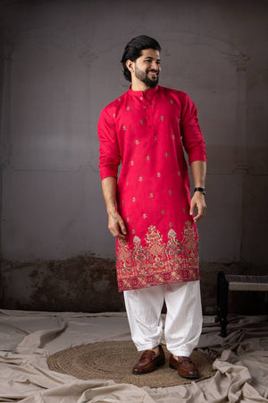 Mens Red Floral Embroidered Rayon Kurta Set (ACA5592)