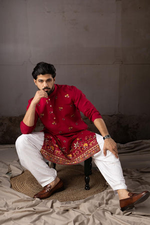 Men's  Red Floral Embroidered Silk Kurta Set (ACA5603)