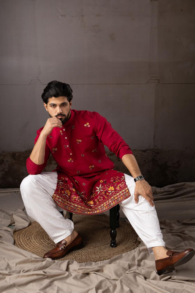 Men's  Red Floral Embroidered Silk Kurta Set (ACA5603)