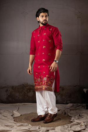 Men's  Red Floral Embroidered Silk Kurta Set (ACA5603)