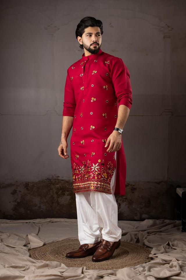 Men's  Red Floral Embroidered Silk Kurta Set (ACA5603)