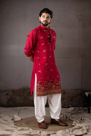 Men's  Red Floral Embroidered Silk Kurta Set (ACA5603)