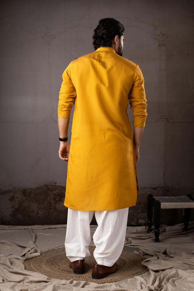 Men's  Mustard Floral Embroidered Silk Kurta Set (ACA5604)
