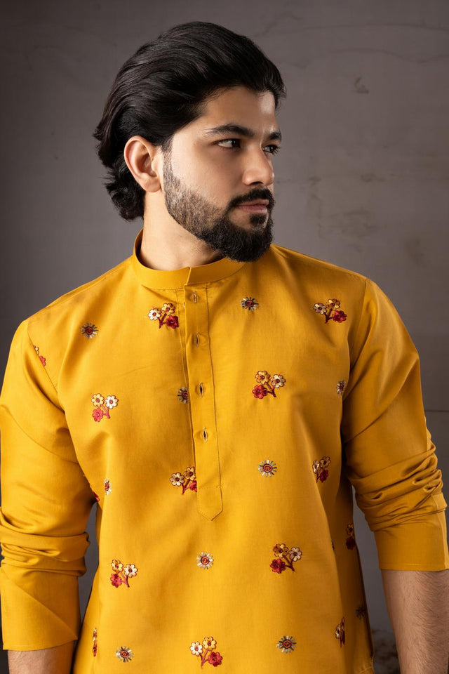 Men's  Mustard Floral Embroidered Silk Kurta Set (ACA5604)