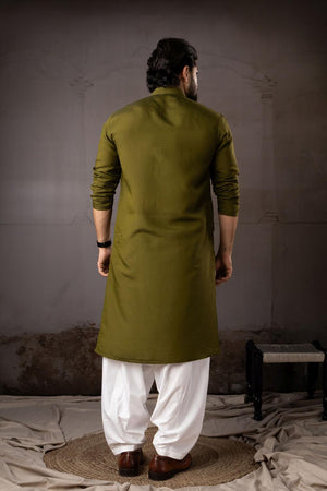 Men's  Mehendi Floral Embroidered Silk Kurta Set (ACA5605)