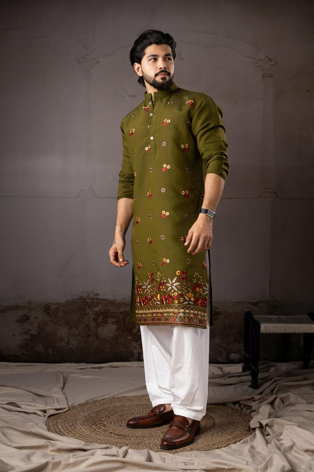Men's  Mehendi Floral Embroidered Silk Kurta Set (ACA5605)