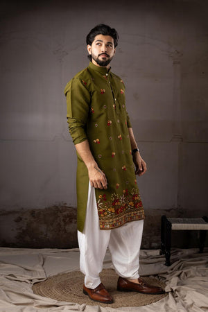 Men's  Mehendi Floral Embroidered Silk Kurta Set (ACA5605)