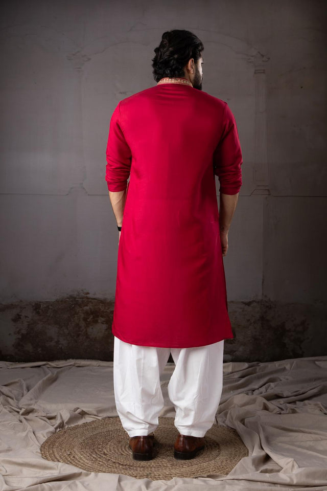 Men's  Red Floral Embroidered Silk Kurta Set (ACA5606)