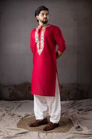 Men's  Red Floral Embroidered Silk Kurta Set (ACA5606)