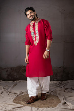 Men's  Red Floral Embroidered Silk Kurta Set (ACA5606)
