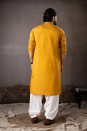 Men's  Mustard Floral Embroidered Silk Kurta Set (ACA5607)