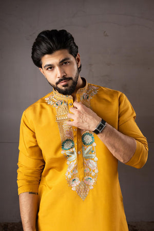Men's  Mustard Floral Embroidered Silk Kurta Set (ACA5607)
