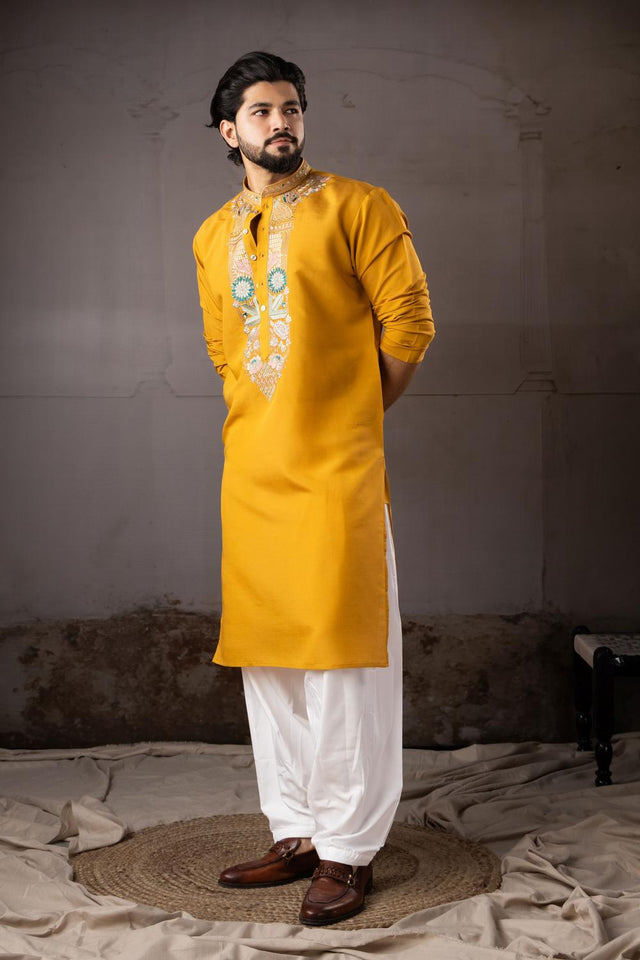 Men's  Mustard Floral Embroidered Silk Kurta Set (ACA5607)